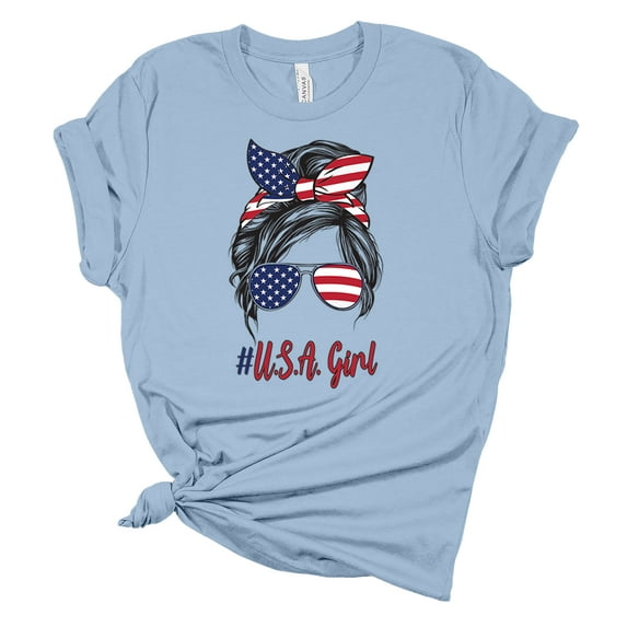 Trenz Shirt Company Womens Messy Bun American Flag USA Girl Short Sleeve Graphic T-Shirt, Baby Blue-2XL