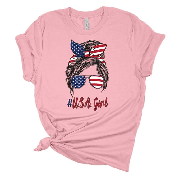 Trenz Shirt Company Womens Messy Bun American Flag USA Girl Short Sleeve Graphic T-Shirt, Pink-Large