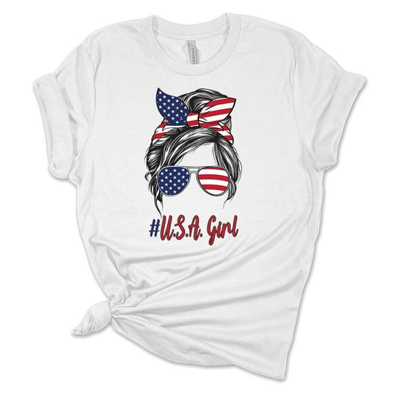 Trenz Shirt Company Womens Messy Bun American Flag USA Girl Short Sleeve Graphic T-Shirt, White-Medium