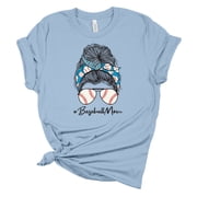 Trenz Shirt Company Womens Messy Bun Baseball Mom Short Sleeve Graphic T-Shirt, Baby Blue-Large