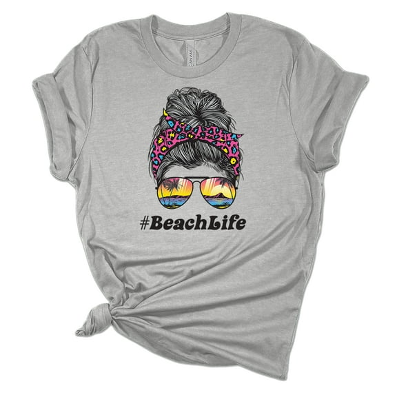 Trenz Shirt Company Womens Messy Bun Beach Life Sunset Short Sleeve Graphic T-Shirt, Athletic Heather-2XL