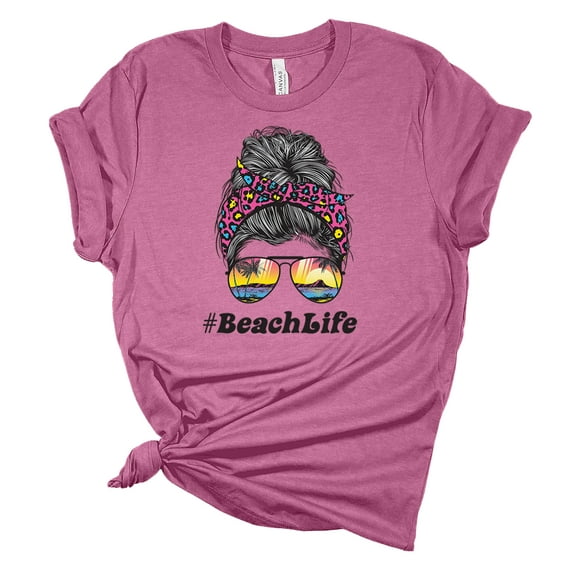 Trenz Shirt Company Womens Messy Bun Beach Life Sunset Short Sleeve Graphic T-Shirt, Heather Magenta-4XL