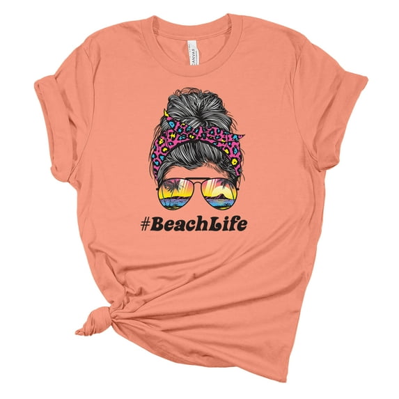Trenz Shirt Company Womens Messy Bun Beach Life Sunset Short Sleeve Graphic T-Shirt, Sunset-3XL