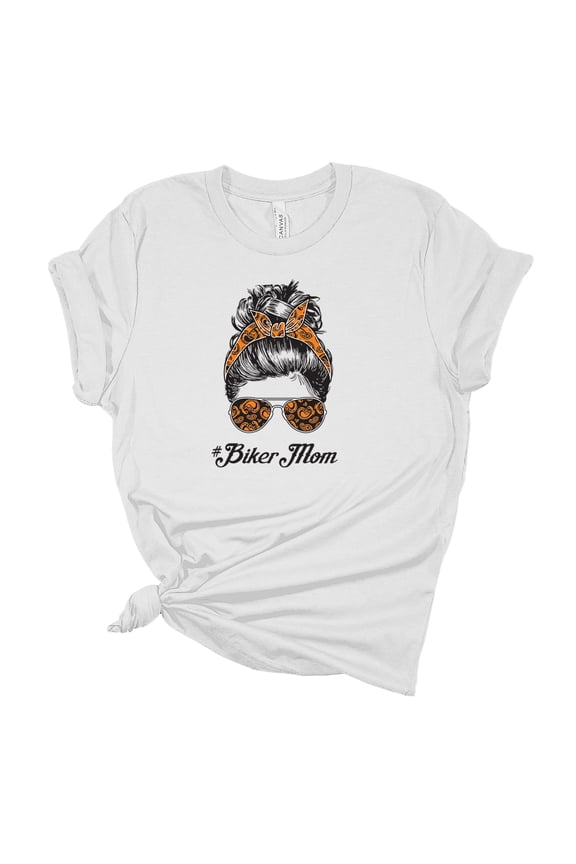 Womens Messy Bun Biker Mom Short Sleeve Graphic T-Shirt-White-large