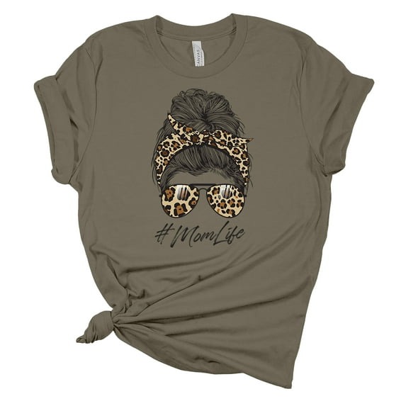 Trenz Shirt Company Womens Messy Bun Cheetah Print Mom Life Short Sleeve Graphic T-Shirt, Army-Medium