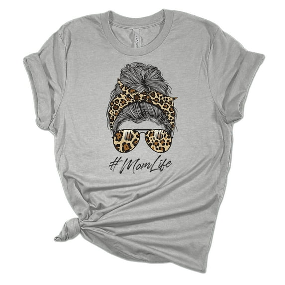 Trenz Shirt Company Womens Messy Bun Cheetah Print Mom Life Short Sleeve Graphic T-Shirt, Athletic Heather-Medium