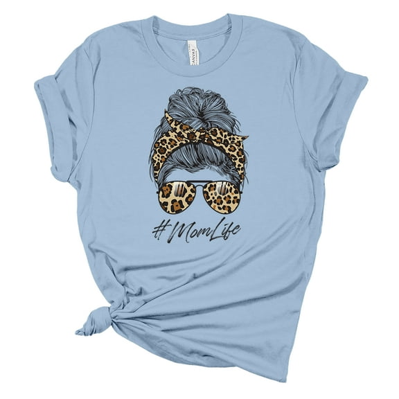 Trenz Shirt Company Womens Messy Bun Cheetah Print Mom Life Short Sleeve Graphic T-Shirt, Baby Blue-Small