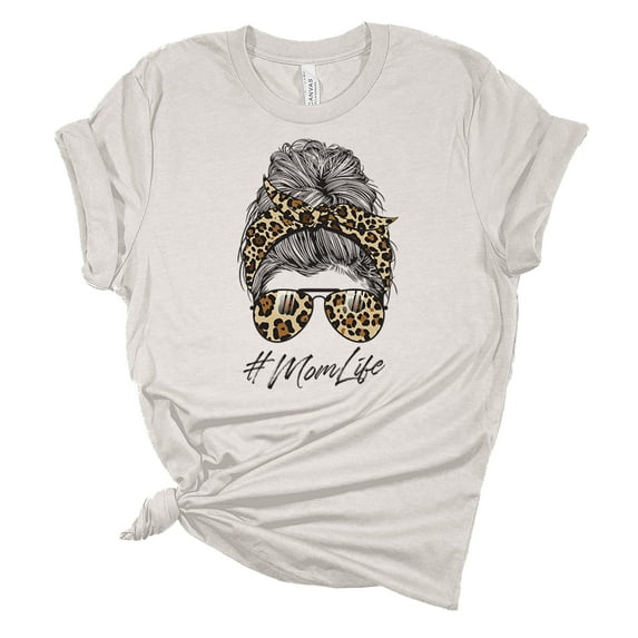 Trenz Shirt Company Womens Messy Bun Cheetah Print Mom Life Short Sleeve Graphic T-Shirt, Heather Cement-Small