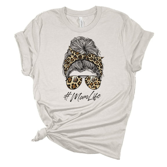 Trenz Shirt Company Womens Messy Bun Cheetah Print Mom Life Short Sleeve Graphic T-Shirt, Heather Cement-XL