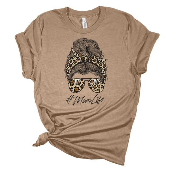 Trenz Shirt Company Womens Messy Bun Cheetah Print Mom Life Short Sleeve Graphic T-Shirt, Heather Tan-2XL