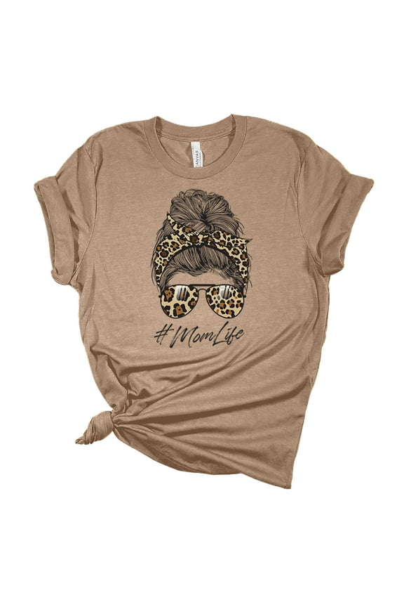 Womens Messy Bun Cheetah Print Mom Life Short Sleeve Graphic T-Shirt, Heather Tan-3XL