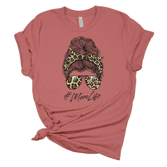 Trenz Shirt Company Womens Messy Bun Cheetah Print Mom Life Short Sleeve Graphic T-Shirt, Mauve-XL