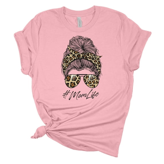 Trenz Shirt Company Womens Messy Bun Cheetah Print Mom Life Short Sleeve Graphic T-Shirt, Pink-Medium