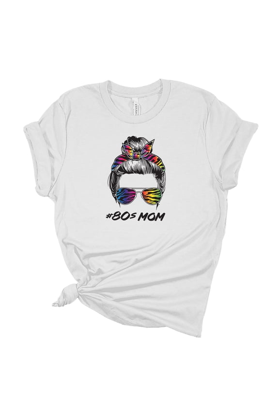 Womens Messy Bun Colorful Zebra 80s Mom Short Sleeve Graphic T-Shirt-White-large