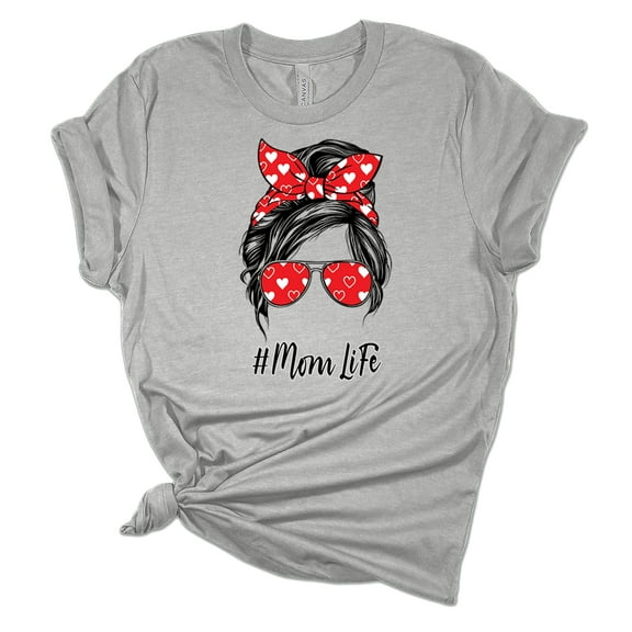 Trenz Shirt Company Womens Messy Bun Heart Print Mom Life Short Sleeve Graphic T-Shirt, Athletic Heather-Large
