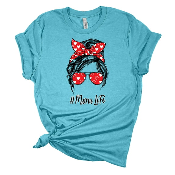 Trenz Shirt Company Womens Messy Bun Heart Print Mom Life Short Sleeve Graphic T-Shirt, Heather Aqua-Medium