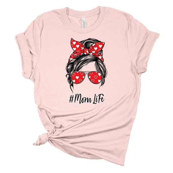 Trenz Shirt Company Womens Messy Bun Heart Print Mom Life Short Sleeve Graphic T-Shirt, Soft Pink-XL