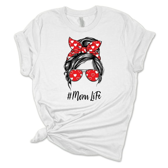 Trenz Shirt Company Womens Messy Bun Heart Print Mom Life Short Sleeve Graphic T-Shirt, White-XL