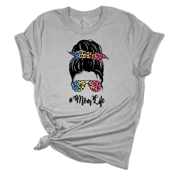 Trenz Shirt Company Womens Messy Bun Rainbow Cheetah Print Mom Life Short Sleeve Graphic T-Shirt, Athletic Heather-3XL