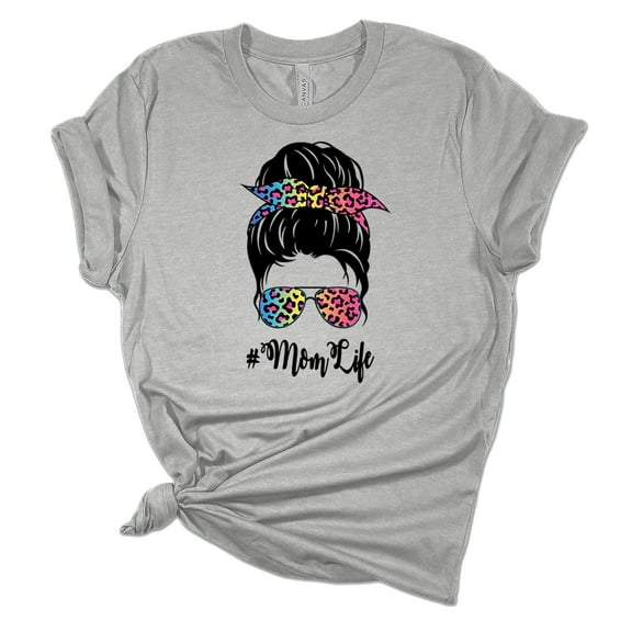 Trenz Shirt Company Womens Messy Bun Rainbow Cheetah Print Mom Life Short Sleeve Graphic T-Shirt, Athletic Heather-Small