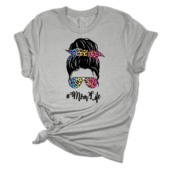 Trenz Shirt Company Womens Messy Bun Rainbow Cheetah Print Mom Life Short Sleeve Graphic T-Shirt, Athletic Heather-XL