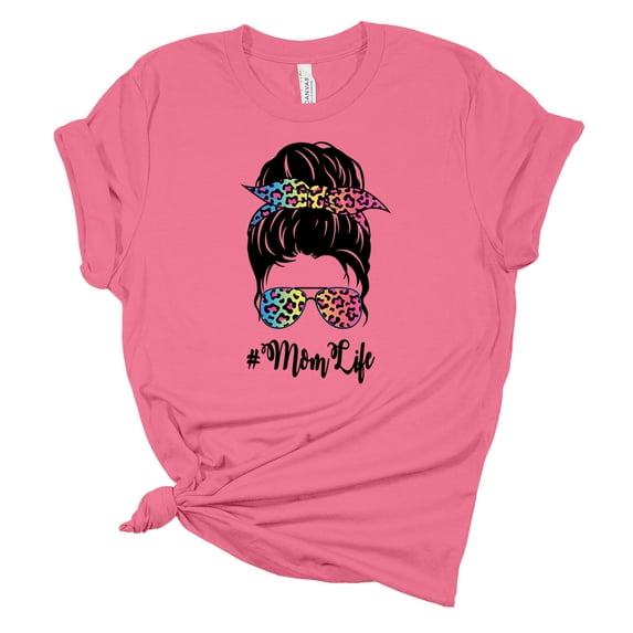 Trenz Shirt Company Womens Messy Bun Rainbow Cheetah Print Mom Life Short Sleeve Graphic T-Shirt, Charity Pink-XL