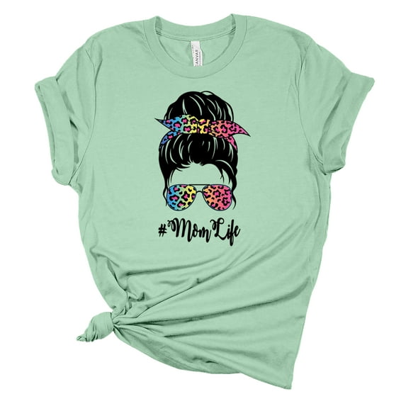 Trenz Shirt Company Womens Messy Bun Rainbow Cheetah Print Mom Life Short Sleeve Graphic T-Shirt, Mint-XL