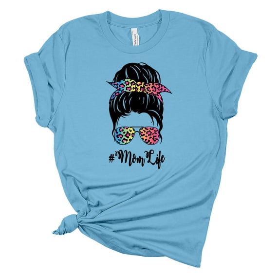 Trenz Shirt Company Womens Messy Bun Rainbow Cheetah Print Mom Life Short Sleeve Graphic T-Shirt, Ocean Blue-Small