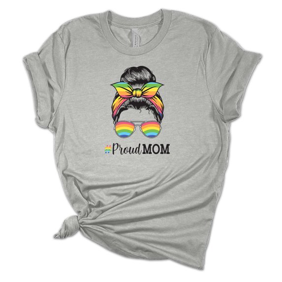 Trenz Shirt Company Womens Messy Bun Rainbow Proud Mom Short Sleeve Graphic T-Shirt-Athletic Heather-small