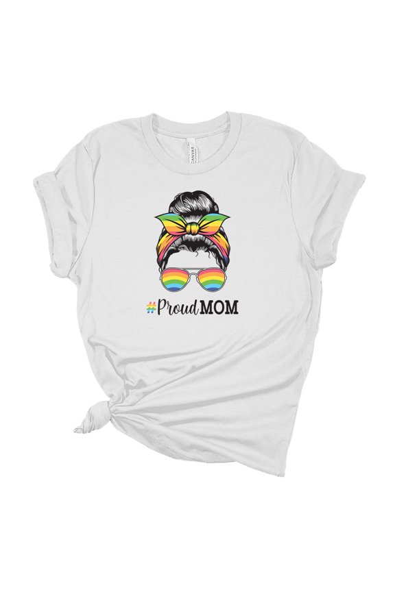 Womens Messy Bun Rainbow Proud Mom Short Sleeve Graphic T-Shirt-White-xl
