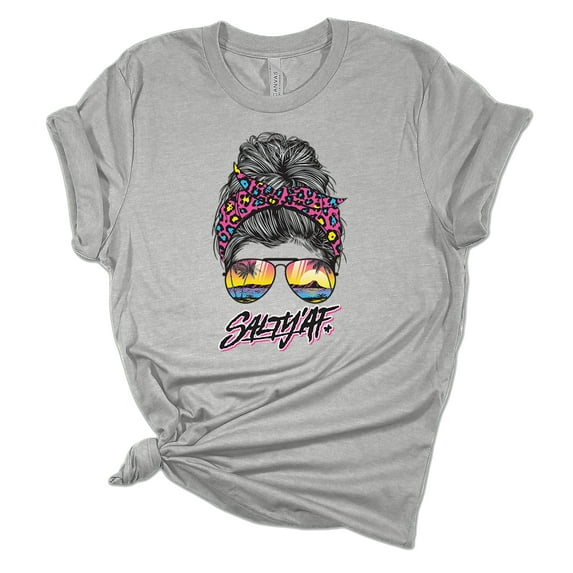 Trenz Shirt Company Womens Messy Bun Salty 'AF Beach Sunset Short Sleeve Graphic T-Shirt, Athletic Heather-2XL