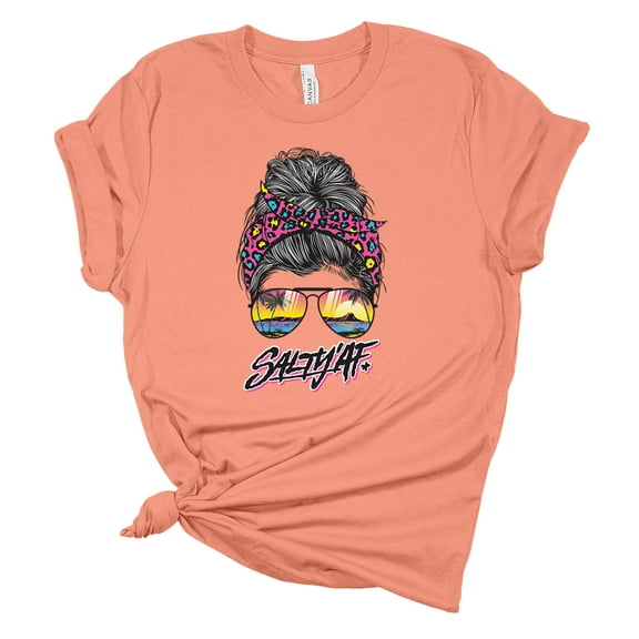 Trenz Shirt Company Womens Messy Bun Salty 'AF Beach Sunset Short Sleeve Graphic T-Shirt, Sunset-2XL