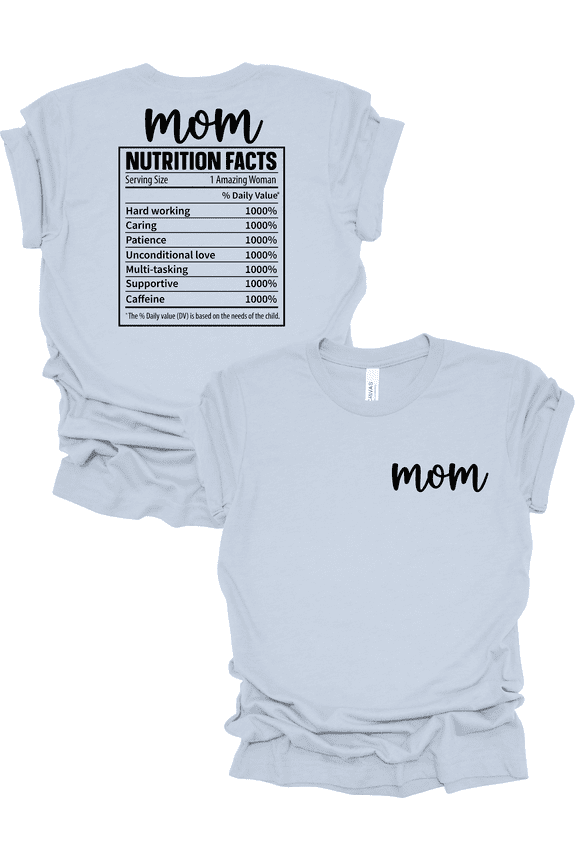Womens Mom Nutritional Fun Facts Front and Back Print, Mothers Day Gifts For Mom, Light Blue-XX-Large