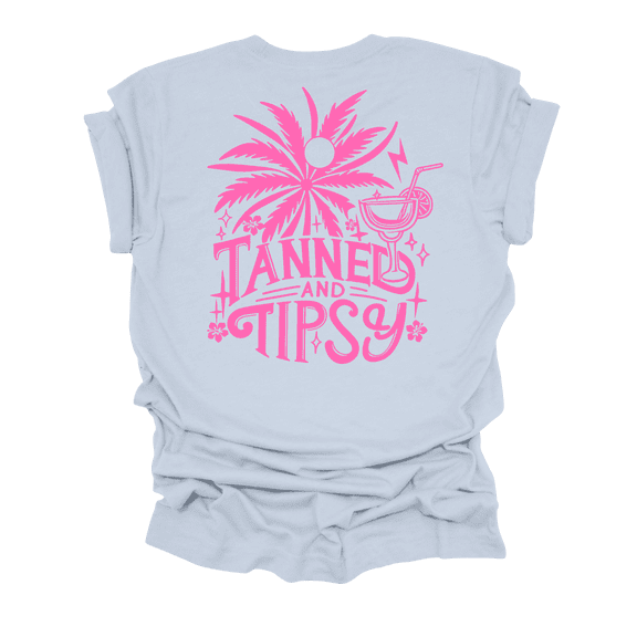 Trenz Shirt Company Womens Pink Print Palm Tree Tan & Tipsy Short Sleeve T-Shirt-Light Blue-Large