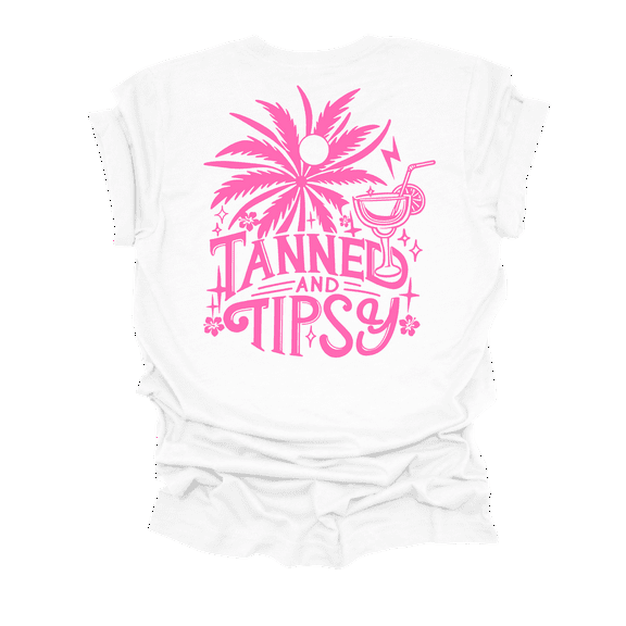 Trenz Shirt Company Womens Pink Print Palm Tree Tan & Tipsy Short Sleeve T-Shirt-White-Small
