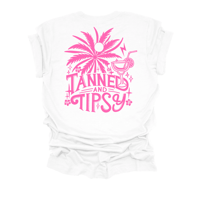 Trenz Shirt Company Womens Pink Print Palm Tree Tan & Tipsy Short Sleeve T-Shirt-White-Small