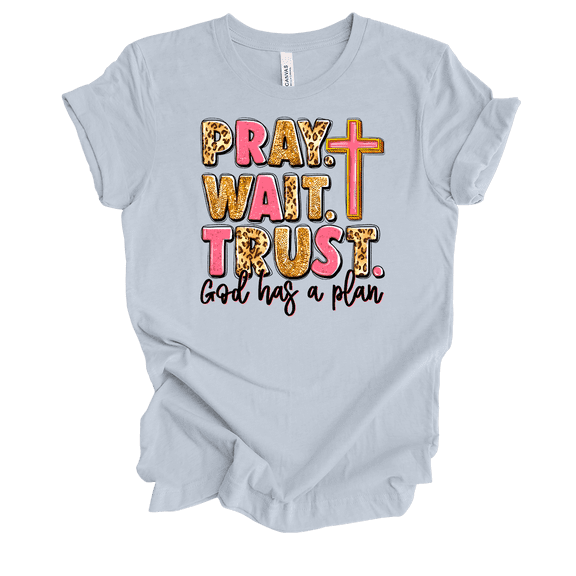 Trenz Shirt Company Womens Pray Trust Wait Cheetah Print Short Sleeve T-Shirt-Light Blue-X-Large