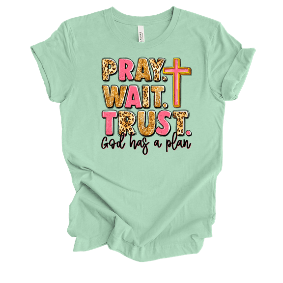 Trenz Shirt Company Womens Pray Trust Wait Cheetah Print Short Sleeve T-Shirt-Mint-XX-Large