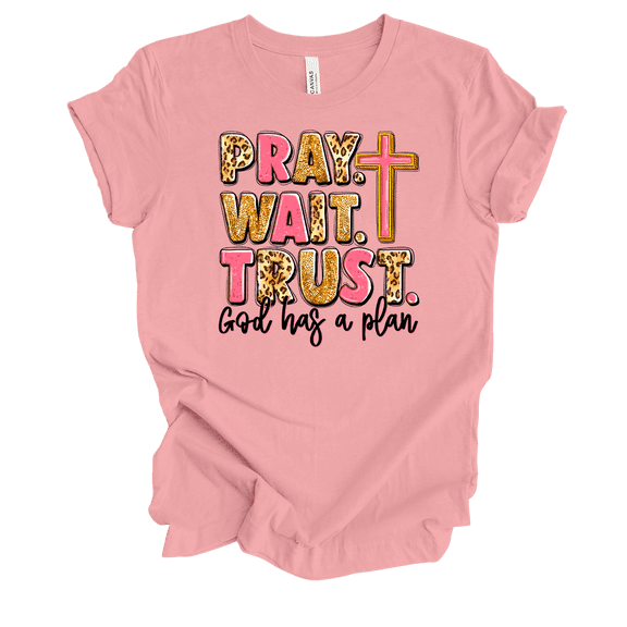 Trenz Shirt Company Womens Pray Trust Wait Cheetah Print Short Sleeve T-Shirt-Pink-Medium