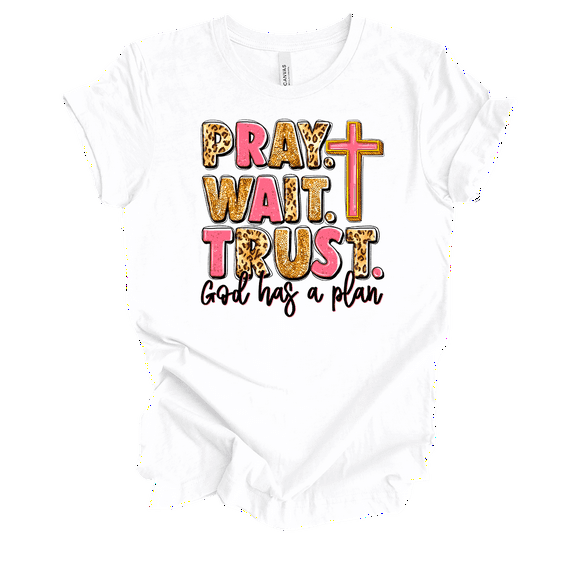 Trenz Shirt Company Womens Pray Trust Wait Cheetah Print Short Sleeve T-Shirt-White-3X-Large