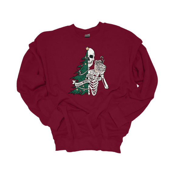 Trenz Shirt Company Womens Sorta Merry Sorta Scary Skeleton Christmas Crewneck Sweatshirt-Cardinal-Medium