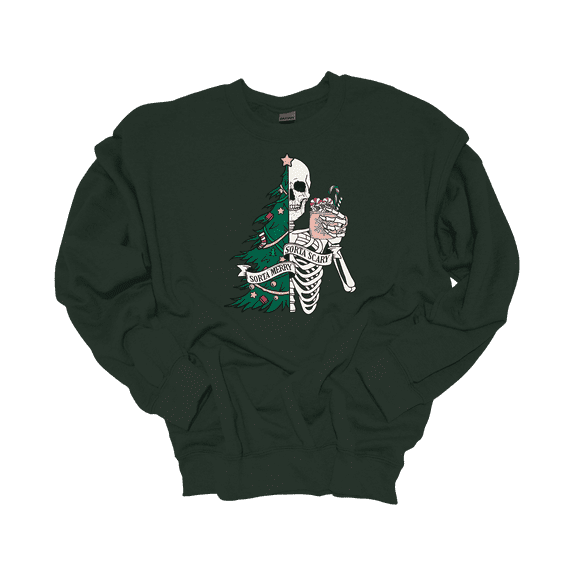 Trenz Shirt Company Womens Sorta Merry Sorta Scary Skeleton Christmas Crewneck Sweatshirt-Forest Green-Medium