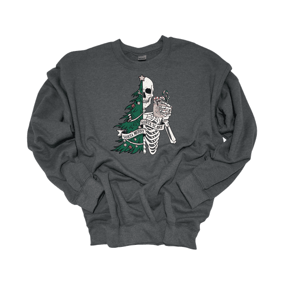 Trenz Shirt Company Womens Sorta Merry Sorta Scary Skeleton Christmas Crewneck Sweatshirt-Heather Grey-Large