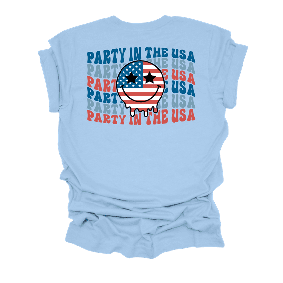 Trenz Shirt Company Womens Stacked Party In USA Smile Face Short Sleeve T-Shirt-Baby Blue-Large