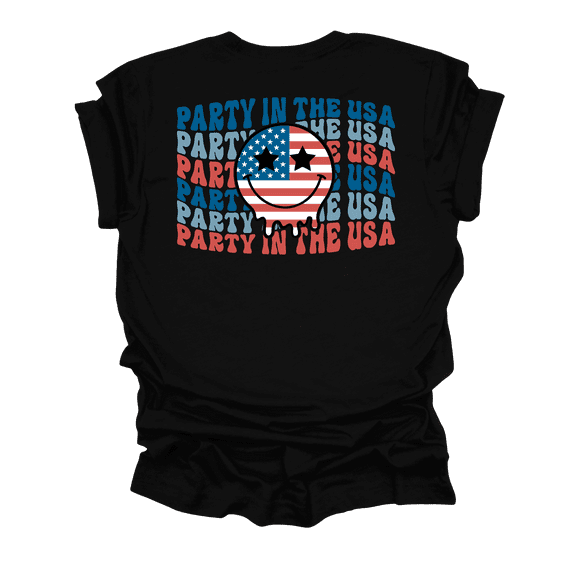 Trenz Shirt Company Womens Stacked Party In USA Smile Face Short Sleeve T-Shirt-Black-Small