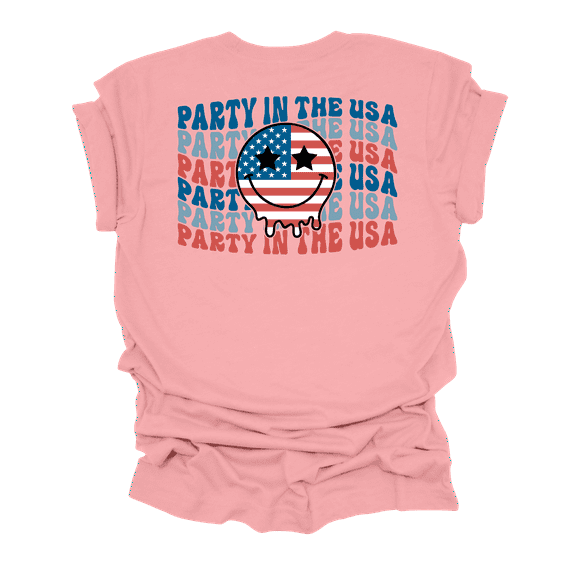 Trenz Shirt Company Womens Stacked Party In USA Smile Face Short Sleeve T-Shirt-Pink-Small