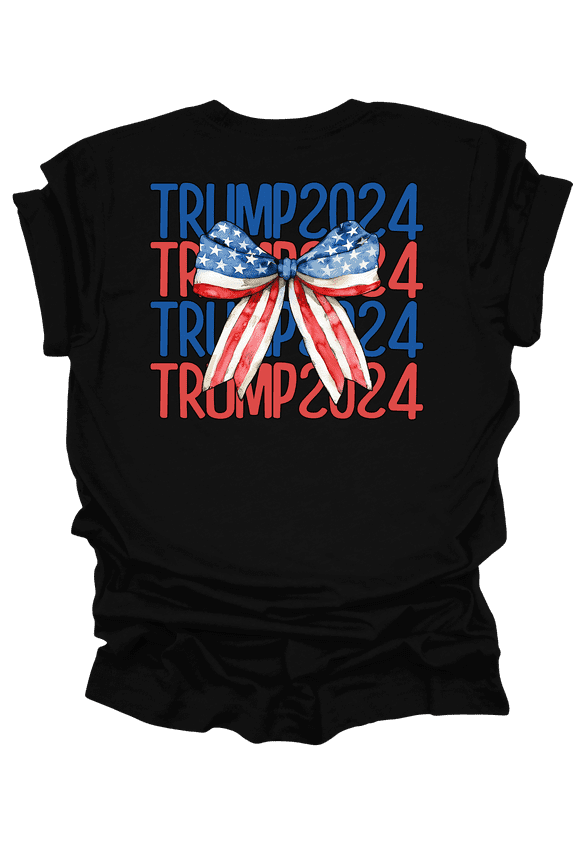 Womens Stacked Trump 2024 USA Flag Bow Short Sleeve T-Shirt-Black-Large