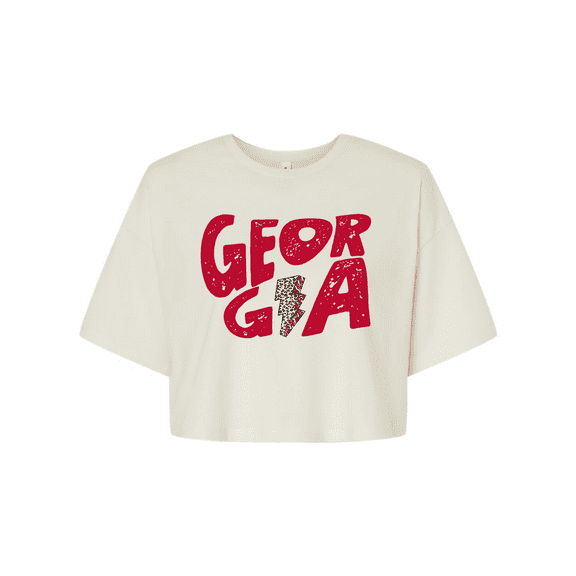 Trenz Shirt Company Womens Tee Georgia Team Color Red and Black Football Leopard Lightning Bolt Jersey Crop Tee-Vintage White-medium