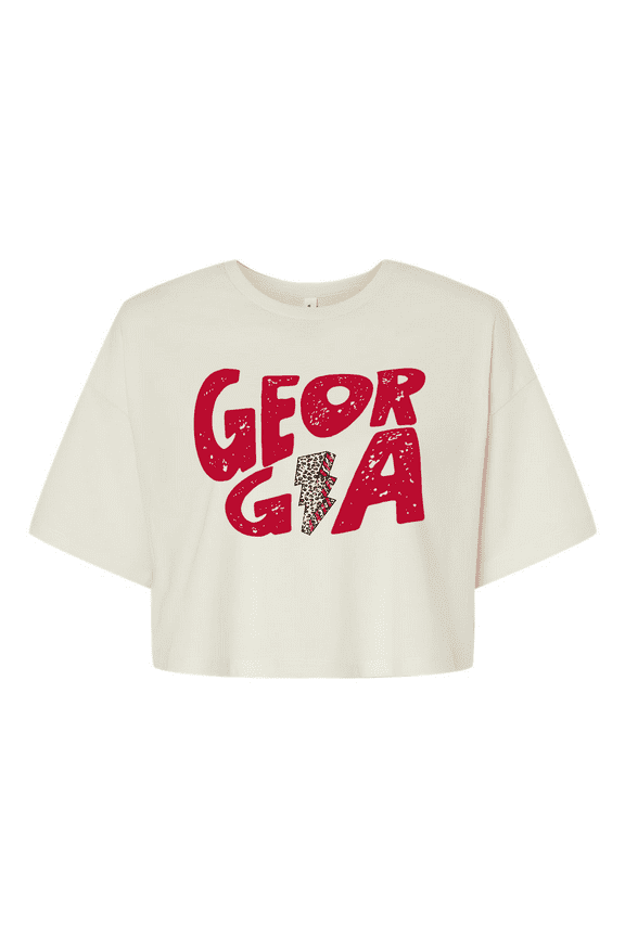 Womens Tee Georgia Team Color Red and Black Football Leopard Lightning Bolt Jersey Crop Tee-Vintage White-xxl
