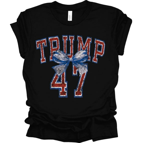 Trenz Shirt Company Womens Trump 47 American Flag Bow Trump Ladies Short Sleeve T-shirt-Black-xxxl